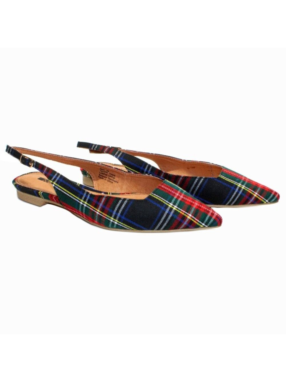 Matiko Lori Sling Back Shoes Green Tartan Pointed Toe Size 38 US Size 7.5/8
